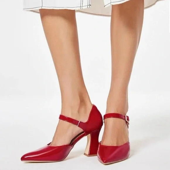 Red Chunky High Heel Shoes Pointed Toe, Ankle strap, Leather Upper Woman's 9 M - Picture 2 of 14